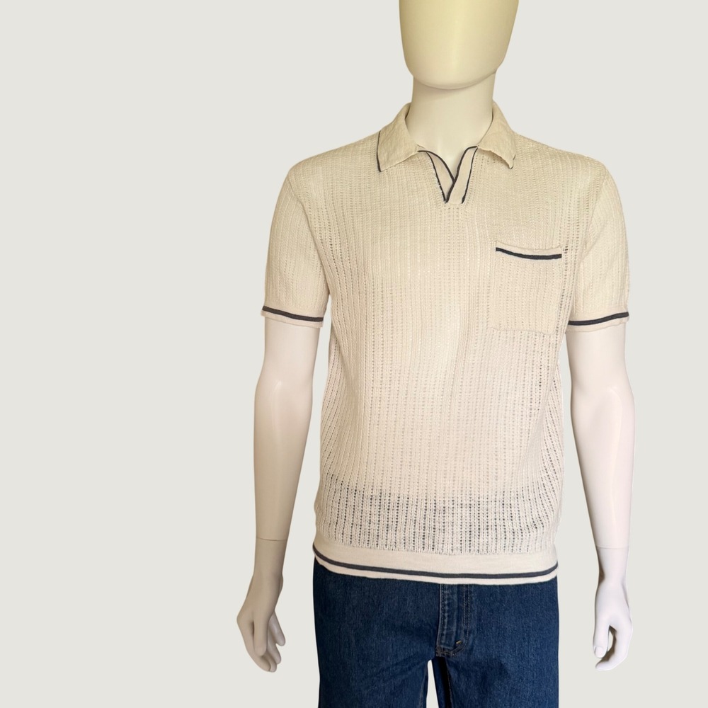 American Eagle Mens Cream Knit Polo Shirt Crochet Textured Short Sleeve Size S